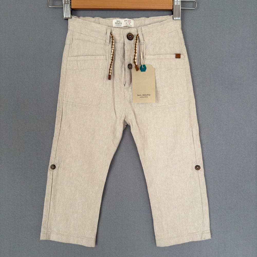 NWT Zara Boys Linen Pants Rolled Cuff Trousers Beige Pockets‎ Size 2/3 Years